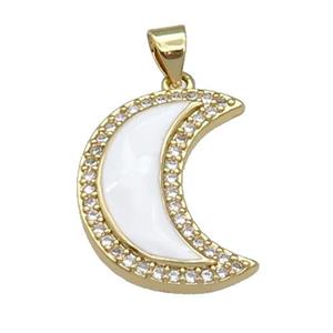 copper Moon pendant paved zircon with white enamel, gold plated, approx 18-21mm