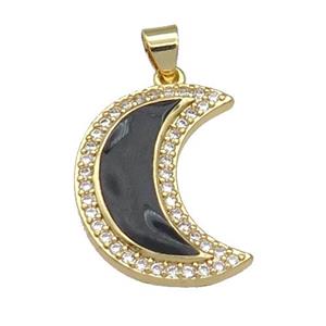 copper Moon pendant paved zircon with black enamel, gold plated, approx 18-21mm