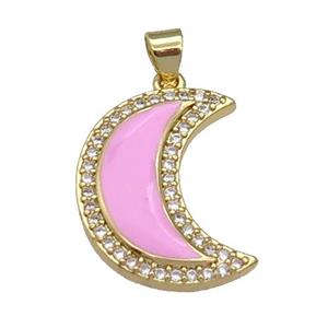 copper Moon pendant paved zircon with pink enamel, gold plated, approx 18-21mm