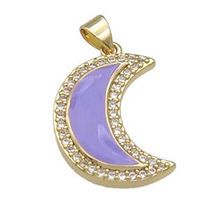 copper Moon pendant paved zircon with lavender enamel, gold plated, approx 18-21mm