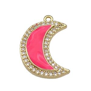copper Moon pendant paved zircon with hotpink enamel, gold plated, approx 18-21mm