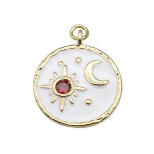 copper Circle pendant paved zircon with white enamel, moon, sun, gold plated, approx 18mm dia