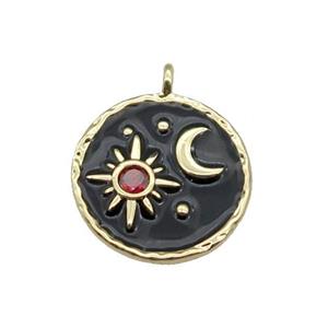 copper Circle pendant paved zircon with black enamel, moon, sun, gold plated, approx 18mm dia