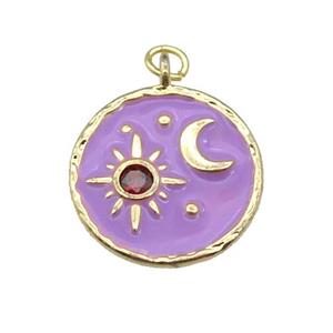 copper Circle pendant paved zircon with lavender enamel, moon, sun, gold plated, approx 18mm dia