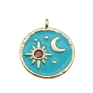 copper Circle pendant paved zircon with teal enamel, moon, sun, gold plated, approx 18mm dia