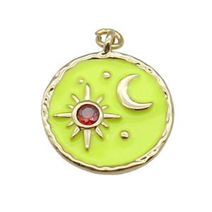 copper Circle pendant paved zircon with yellow enamel, moon, sun, gold plated, approx 18mm dia