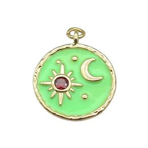 copper Circle pendant paved zircon with green enamel, moon, sun, gold plated, approx 18mm dia