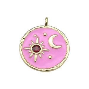 copper Circle pendant paved zircon with pink enamel, moon, sun, gold plated, approx 18mm dia