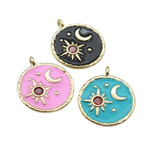 copper Circle pendant paved zircon with enamel, moon, sun, gold plated, mixed, approx 18mm dia