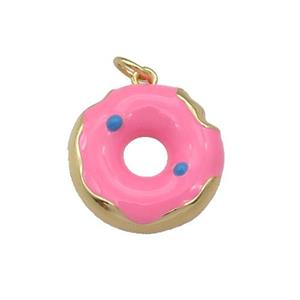 copper Donut charm pendant with pink enamel, gold plated, approx 18mm dia