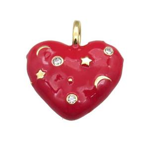 copper Heart pendant with red enamel, moon star, gold plated, approx 21mm