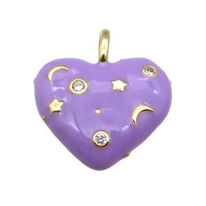 copper Heart pendant with lavender enamel, moon star, gold plated, approx 21mm