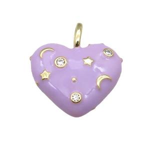 copper Heart pendant with lt.lavender enamel, moon star, gold plated, approx 21mm