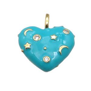 copper Heart pendant with teal enamel, moon star, gold plated, approx 21mm