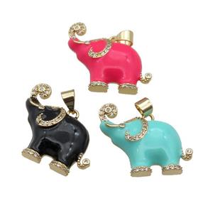 copper Elephant charm pendant paved zircon with enamel, gold plated, mixed, approx 20-24mm
