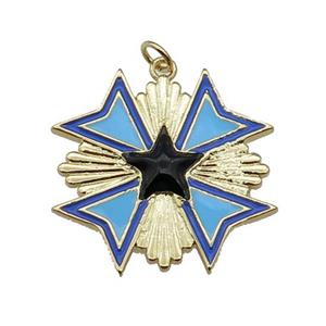 copper Star Medal pendant with blue enamel, gold plated, approx 28mm