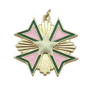 copper Star Medal pendant with pink enamel, gold plated, approx 28mm