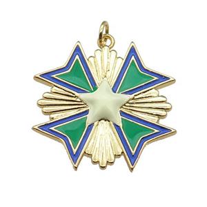 copper Star Medal pendant with green enamel, gold plated, approx 28mm
