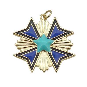 copper Star Medal pendant with navyblue enamel, gold plated, approx 28mm