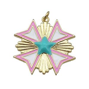 copper Star Medal pendant with white enamel, gold plated, approx 28mm