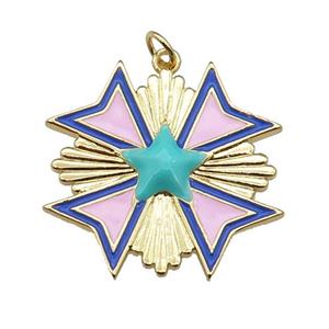 copper Star Medal pendant with pink enamel, gold plated, approx 28mm