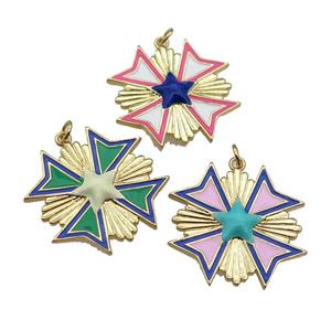 copper Star Medal pendant with enamel, gold plated, mixed, approx 28mm