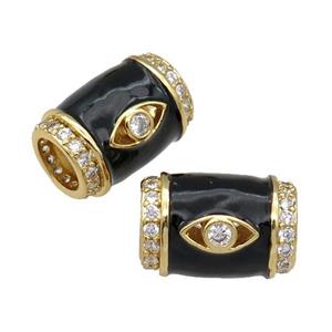 copper Tube beads paved zircon with black enamel, eye, gold plated, approx 12-17mm, 6mm hole