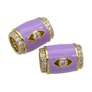 copper Tube beads paved zircon with lavender enamel, eye, gold plated, approx 12-17mm, 6mm hole