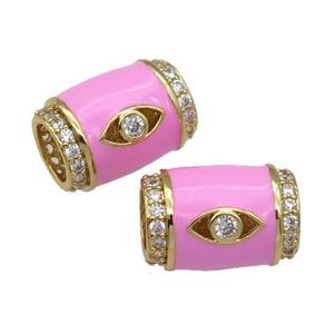 copper Tube beads paved zircon with pink enamel, eye, gold plated, approx 12-17mm, 6mm hole