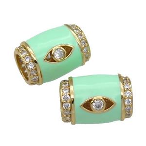 copper Tube beads paved zircon with green enamel, eye, gold plated, approx 12-17mm, 6mm hole