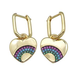 copper Latchback Earring with Heart paved zircon, rainbow, gold plated, approx 15mm, 12-15mm
