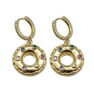 copper Hoop Earring paved zircon with donut, gold plated, approx 18mm, 14mm dia