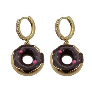 copper Hoop Earring paved zircon with black enamel donut, gold plated, approx 18mm, 14mm dia