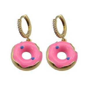 copper Hoop Earring paved zircon with pink enamel donut, gold plated, approx 18mm, 14mm dia