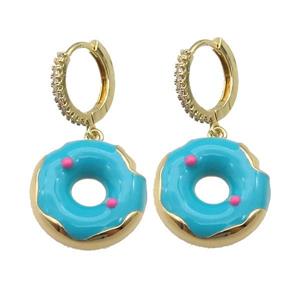 copper Hoop Earring paved zircon with teal enamel donut, gold plated, approx 18mm, 14mm dia