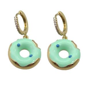 copper Hoop Earring paved zircon with green enamel donut, gold plated, approx 18mm, 14mm dia