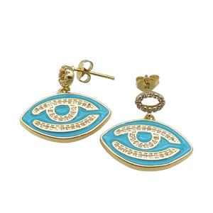 copper Stud Earring with teal enamel Eye, gold plated, approx 15-23mm