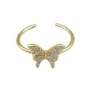 copper Butterfly Ring paved zircon, gold plated, approx 11-13mm, 18mm dia