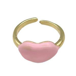 copper Ring with pink enamel Lip, gold plated, approx 8-14mm, 18mm dia