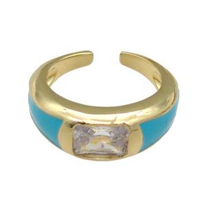 copper Ring paved zircon with teal enamel, gold plated, approx 8mm, 18mm dia