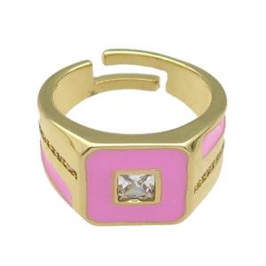 copper Ring paved zircon with pink enamel, gold plated, approx 12mm, 18mm dia