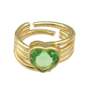 copper Ring paved zircon, green heart, gold plated, approx 11-13mm, 18mm dia