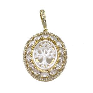copper oval pendant paved zircon, white shell tree, gold plated, approx 28-33mm