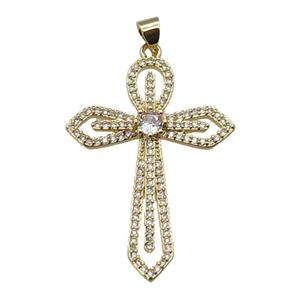 copper Cross pendant paved zircon, gold plated, approx 28-38mm