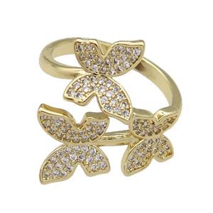 copper Rings paved zircon, butterfly, gold plated, approx 21mm, 18mm dia