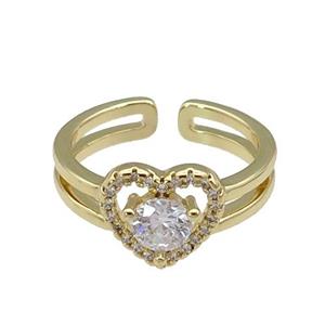 copper Heart Ring paved zircon, gold plated, approx 10mm, 18mm dia