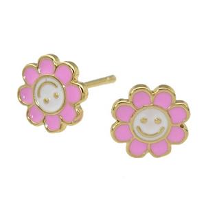 copper emoji Stud Earring with pink enamel, smileface, gold plated, approx 10mm