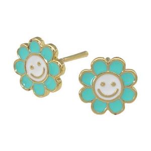 copper emoji Stud Earring with green enamel, smileface, gold plated, approx 10mm