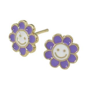 copper emoji Stud Earring with lavender enamel, smileface, gold plated, approx 10mm