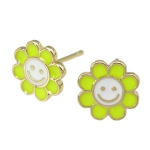 copper emoji Stud Earring with yellow enamel, smileface, gold plated, approx 10mm
